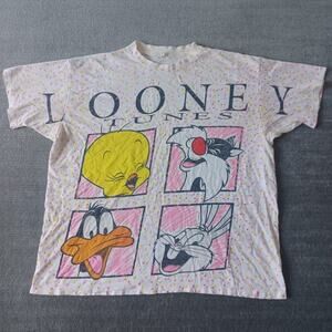 Vintage 1993 Looney Tunes T-Shirt Large Ivory AOP Bugs Daffy Tweety Sylvester